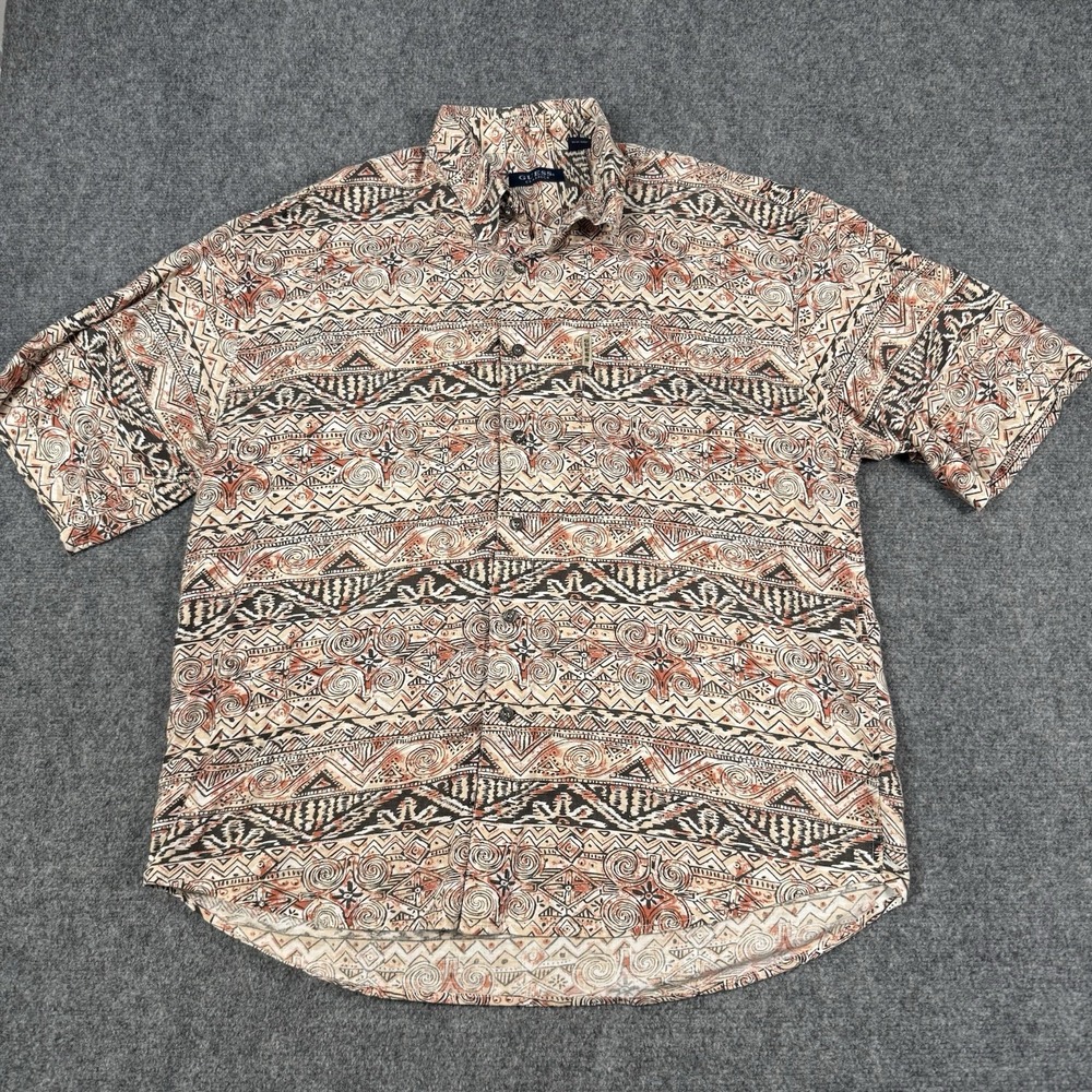 VTG Guess Classics Shirt Mens XL Linen Cotton Aztec Tribal Geometric Brown 90s